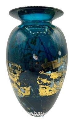 Signed Tim Lazer Art Glass Vase Gold Teal Aqua Blue Gold Black Luster 1994 9.25