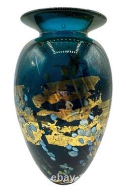 Signed Tim Lazer Art Glass Vase Gold Teal Aqua Blue Gold Black Luster 1994 9.25