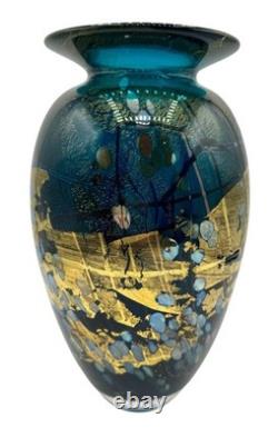 Signed Tim Lazer Art Glass Vase Gold Teal Aqua Blue Gold Black Luster 1994 9.25