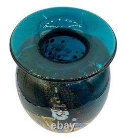 Signed Tim Lazer Art Glass Vase Gold Teal Aqua Blue Gold Black Luster 1994 9.25