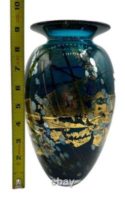 Signed Tim Lazer Art Glass Vase Gold Teal Aqua Blue Gold Black Luster 1994 9.25