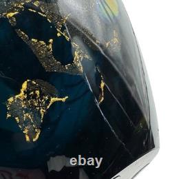 Signed Tim Lazer Art Glass Vase Gold Teal Aqua Blue Gold Black Luster 1994 9.25