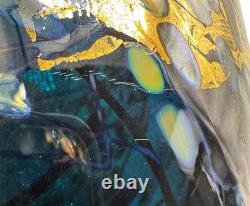 Signed Tim Lazer Art Glass Vase Gold Teal Aqua Blue Gold Black Luster 1994 9.25