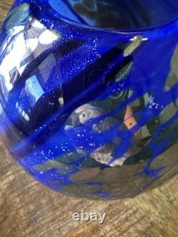 Signed Tim Lazer Blue Silver Art Glass Vase, 5