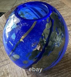 Signed Tim Lazer Blue Silver Art Glass Vase, 5
