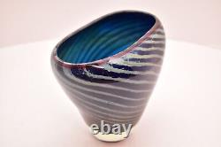 Signed Tim Lazer Blue Spiral Twist 6.25 Studio Art Glass Vase modern Abstract