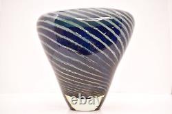 Signed Tim Lazer Blue Spiral Twist 6.25 Studio Art Glass Vase modern Abstract