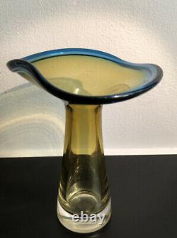 Signed VICKE LINDSTRAND KOSTA BODA SWEDEN Glass Art Vase Hand Blown Yellow Blue