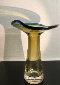 Signed VICKE LINDSTRAND KOSTA BODA SWEDEN Glass Art Vase Hand Blown Yellow Blue