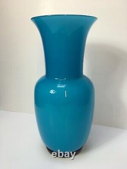 Signed Venini Murano Italian Art Glass Teal Green Floral Vase