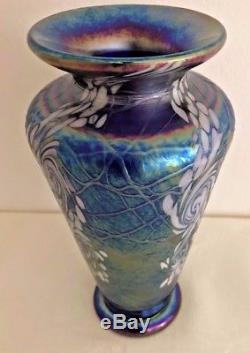 Signed Vines Art Glass Blown Glass Cobalt Swirl 8 inch Traditional Vase TVM309