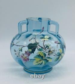 Signed ca. 1880's Bohemian HARRACH Blue Handled Vase With Floral Enamel