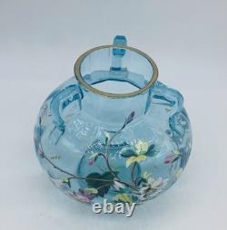 Signed ca. 1880's Bohemian HARRACH Blue Handled Vase With Floral Enamel