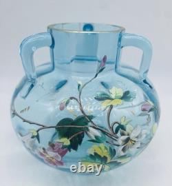 Signed ca. 1880's Bohemian HARRACH Blue Handled Vase With Floral Enamel