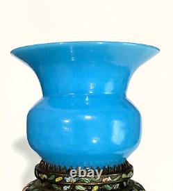 Small Antique Chinese Turquoise Blue Peking Glass Zhadou Vase or Leys Jar