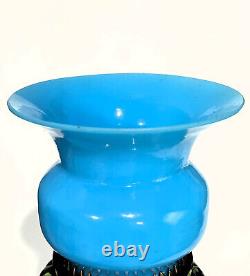 Small Antique Chinese Turquoise Blue Peking Glass Zhadou Vase or Leys Jar