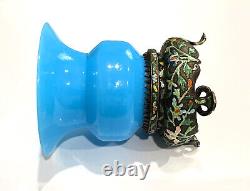 Small Antique Chinese Turquoise Blue Peking Glass Zhadou Vase or Leys Jar