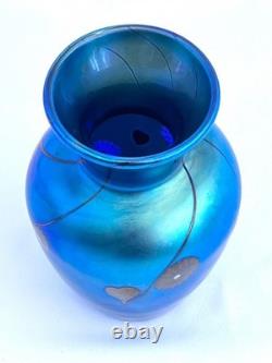 Small Blue Favrile Styled Threaded Heart Studio Art Glass Bud Vase