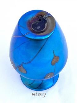 Small Blue Favrile Styled Threaded Heart Studio Art Glass Bud Vase