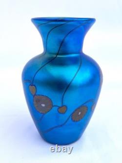 Small Blue Favrile Styled Threaded Heart Studio Art Glass Bud Vase