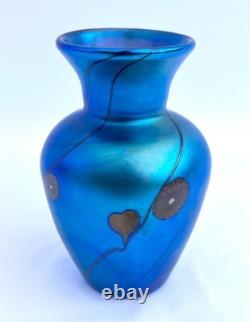 Small Blue Favrile Styled Threaded Heart Studio Art Glass Bud Vase