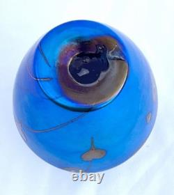 Small Blue Favrile Styled Threaded Heart Studio Art Glass Bud Vase