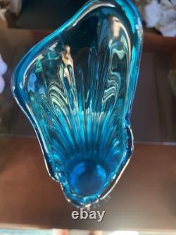 Spectacular LE Smuth 24.5 Peacock Blue Fat Bottom Ribbed Swung Vase 6 Fingers