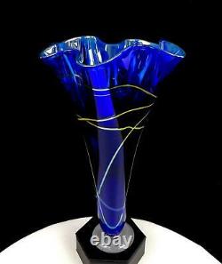 Spencer Signed Art Glass Iridescent Webbed Cobalt 9 7/8 Ruffled Vase 1997