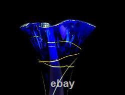 Spencer Signed Art Glass Iridescent Webbed Cobalt 9 7/8 Ruffled Vase 1997