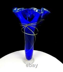Spencer Signed Art Glass Iridescent Webbed Cobalt 9 7/8 Ruffled Vase 1997