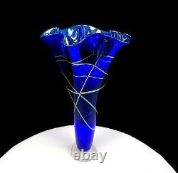 Spencer Signed Art Glass Iridescent Webbed Cobalt 9 7/8 Ruffled Vase 1997