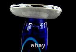 Spencer Signed Art Glass Iridescent Webbed Cobalt 9 7/8 Ruffled Vase 1997