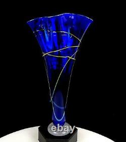 Spencer Signed Art Glass Iridescent Webbed Cobalt 9 7/8 Ruffled Vase 1997