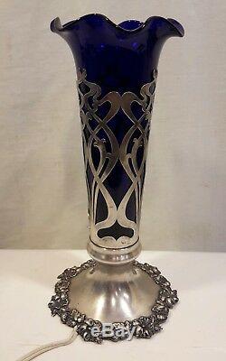 Sterling Silver Centerpiece Cobalt Blue Vase Lamp