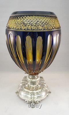 Sterling Silver Unique Tall Large Crystal Vase Blue Yellow Floral Glass 925 Nice