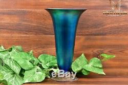 Steuben Glass 1900's Blue Aurene Iridescent Trumpet Vase with Metal Base #2909