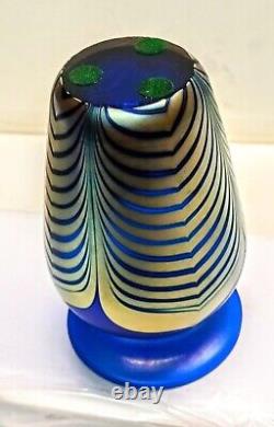 Steve Correia 6 pulled feather studio art glass vase cobalt blue Aurene