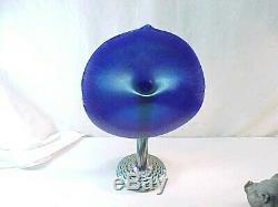 Steven Correia Art Glass Blue Aurene Jack in the Pulpit Vase Pulled Feather