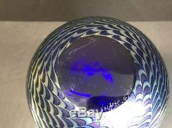 Steven Correia Art Glass Iridescent Blue King Tut Sphere Vase Signed 7.50 Tall