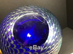 Steven Correia Art Glass Iridescent Blue King Tut Sphere Vase Signed 7.50 Tall