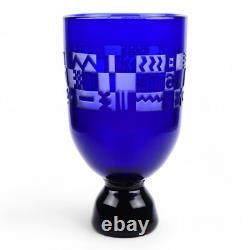 Steven Correia Cobalt Blue Art Glass Vase with Abstract Cut Designs