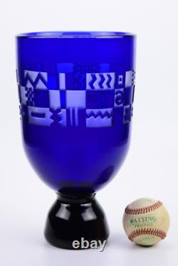 Steven Correia Cobalt Blue Art Glass Vase with Abstract Cut Designs