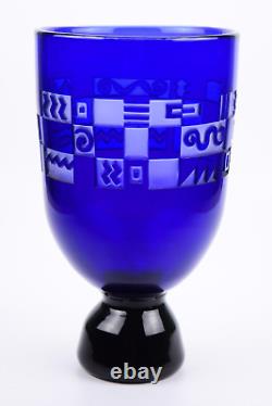 Steven Correia Cobalt Blue Art Glass Vase with Abstract Cut Designs