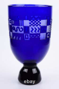 Steven Correia Cobalt Blue Art Glass Vase with Abstract Cut Designs