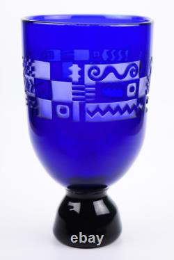 Steven Correia Cobalt Blue Art Glass Vase with Abstract Cut Designs