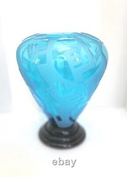 Steven Correia Etched Blue Glass Vase 1990 Artist Signed Limited Edition 7/200