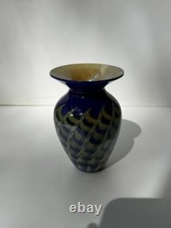 Steven Lundberg Glass Art Iridescent Weaved Basket Vase Cobalt Blue Signed