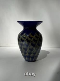 Steven Lundberg Glass Art Iridescent Weaved Basket Vase Cobalt Blue Signed