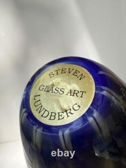 Steven Lundberg Glass Art Iridescent Weaved Basket Vase Cobalt Blue Signed
