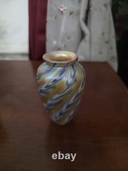 Steven Lundberg Glass Art Vase Swirled Blue Cream And Gold, 4 x 2